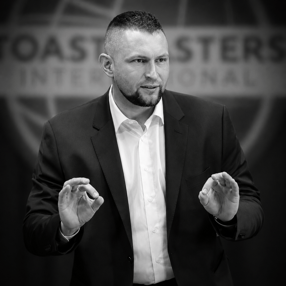 James Bush mid-talk at a Toastmasters event